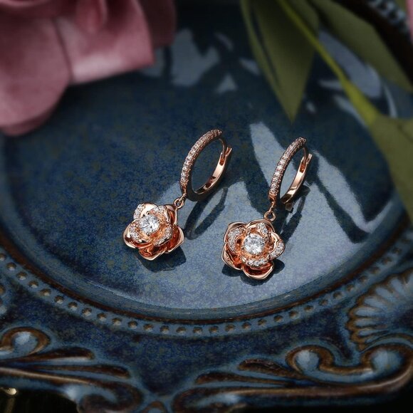 Women's Dainty Rose Gold Dangle Flower Pearl Cute Unique Flower Earring - Picture 6 of 6